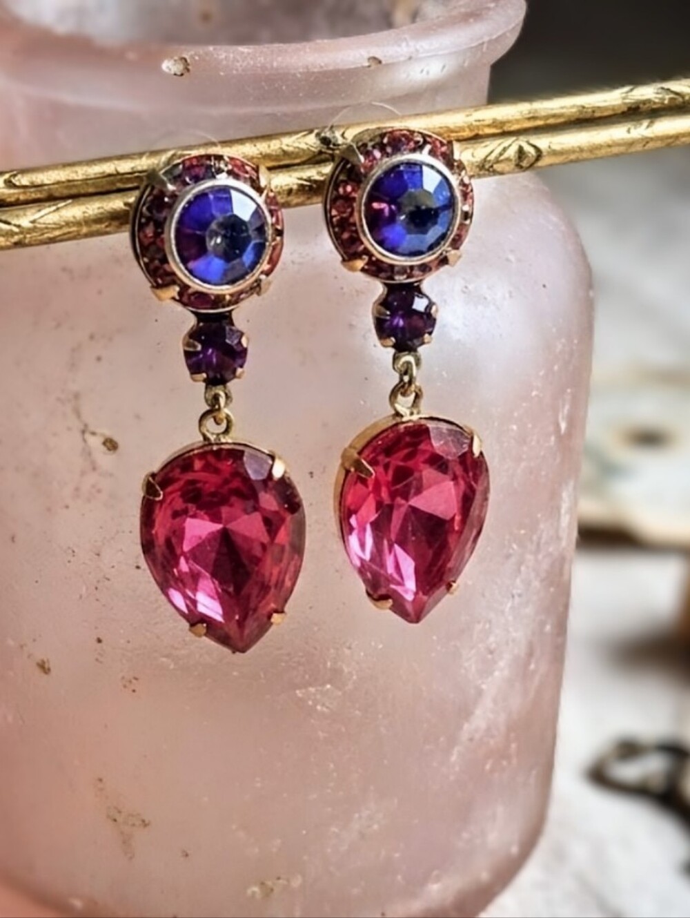 Victorian Fuchsia & Rose Swarovski Crystals In Gold Plated Earrings